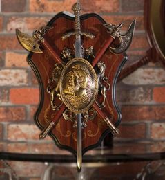 Ancient Roman Sparta Shield Sword Wall Decor Antique Shield with Armour Mediaeval Axe Lion Ornament Crafts KTV Bar Wall Hanging 21035327242