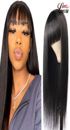 Fake Scalp Straight Human Hair Wigs for Black Women Brazilian Virgin Hair Wig with Bangs Natural Color9928248