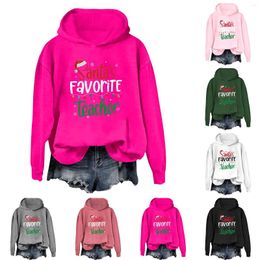 Women's Hoodies Santa's Favoite Teacher Letter Print Casual Loose Round Neck Long Sleeve Hooded Sweatshirt