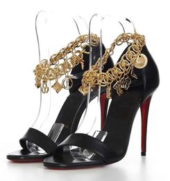 France Paris Red Design Women Gourmi Sandals Shoes Golden Chainlink Ankle Strap Pumps Party Wedding Dress Daily Lady Elegant High Heels EU35-43