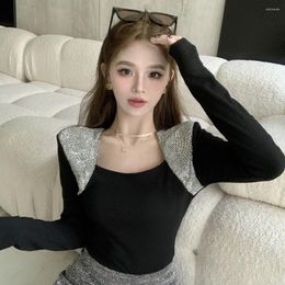 Women's T Shirts Spring Autumn Diamond T-shirt Women Fashion Square Neck Elastic Office Tops Sexy Slim Plush Bottom Shirt Ladies Skinny Tees