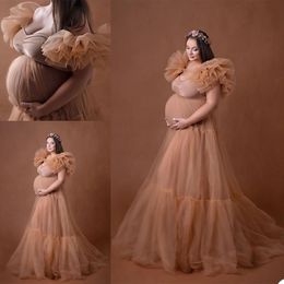 2021 Elegant Champagne Plus Size Pregnant Ladies A Line Sleepwear Dress Ruffle Nightgowns For Poshoot Lingerie Bathrobe Nightwe269g