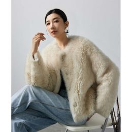 Stylish Slim Tuscan Leather And Integrated Women's Coat With Round Neck Short Lamb Fur Grass Winter 994031