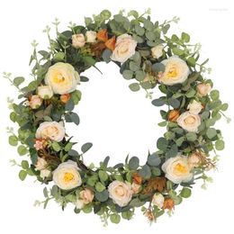 Decorative Flowers 22Inch Spring Wreath Beautiful Artificial Rose Flower Door Cream Faux Hanger Indoor