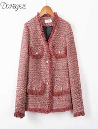 2020 New Spring Women Tweed Jackets New Brand Ladies Blends Wool Tassel Long Sleeve Red Single Breasted V Neck Fringe Coats9067282