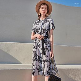 Casual Dresses Grey Black Silk Floral Maxi Shirt Dress Women 2024 Summer Long Work Boho Beach Office Sexy Party Plus Size Free Ship