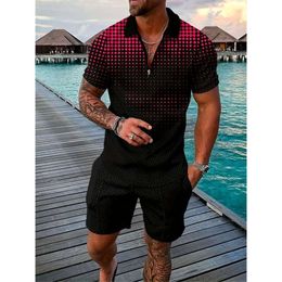 the Latest Summer Hawaiian Beach 3D Grid Patchwork Polo Shirt Short Sleeved Shorts for Men's Sunshine Creative Fashion Set