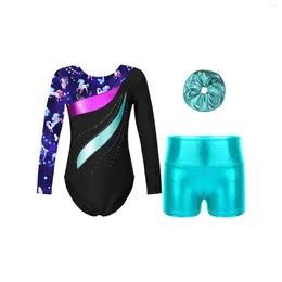 Stage Wear Kids Girls Ballet Dance Costumes Leotard Long Sleeve Printed Jumpsuit Metallic Shorts Hair Tie Headwear For Gymnastics Skating