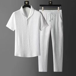 Suit Mens Spring Summer Short Sleeve Highend Casual Korean Slim Handsome Twopiece Set Drawstring Pants Blazer Pant 240304