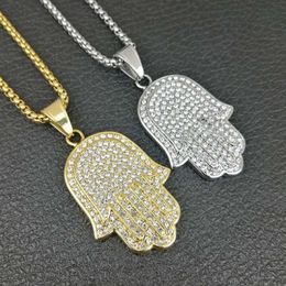 Mens lucky hamsa hand pendant necklace hip hop Rock style Full cubic zirconia 24 rope chain silver gold plated cz men neckla250f