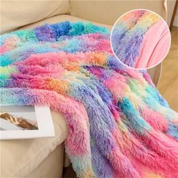 Double Layer Blanket Winter Cozy Warm Long Plush Rainbow Throw Blanket For Sofa Bed Colorful Furry Fluffy Tie Dye Bedspread 211227287Y
