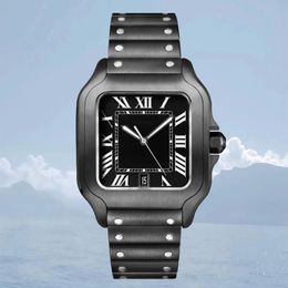 High quality watch mens and womens Business watches Black Square Roman numeral dial Swiss craft fired steel watch hands waterproof sapphire glass