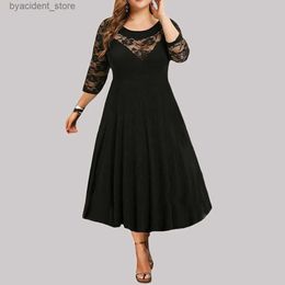 Urban Sexy Dresses Women Sexy Party Midi Dress Plus Size Vintage Long Skirt Three-quarter Sleeve Lace Panelled Round Neck A-Line Dress High Street L240309