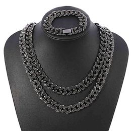 Whole Black 13mm Iced Out Cubic Zircon Diamond CZ Cuban Link Chain Miami Cuba Necklace Bracelet Hip Hop Jewellery For Men246P