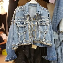 Jacket Women Autumn Hand Rivet Studded Denim Jacket Loose Outwear Female Students Casual Short Jeans Coats 240301