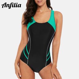 Wear Anfilia One Piece Women Sports Swimwear Sports Swimsuit Patchwork Beachwear Fiess Slim Bathing Suit Padded Bikini Monikini