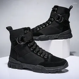 Boots Men's Black Fashion High Top Canvas Shoes Men Flat Ankle Comfortable Motorcycle Man Work