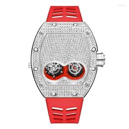 Wristwatches Pintime Original Luxury Full Diamond Iced Out Watch Bling-Ed Rose Gold Case Red Silicone Strap Quartz Clock For Men240P