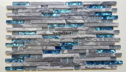 11pcs Grey marble mosaic blue glass tile kitchen backsplash bathroom background decorative wall fireplace bar stone wall tiles5964214