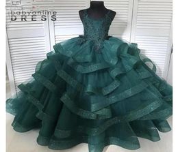 Princess Dark Green Ball Gown Girls Pageant Dresses 3D Appliques Ruched Ruffles Tulle Flower Girls Dresses Sweet 15 Quinceanera Pr1879449