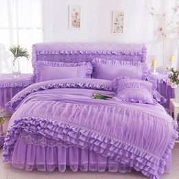 Pink Beige Purple Lace Princess Bedding set King Queen Size 4pcs Ruffles Bedspread Bed Skirt Wedding Duvet Cover Bed Sheet Linen P3216