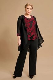 Women Three Piece Pant Set Temperament Plus Size Mother of The Bride 34 Sleeve Chiffon Offfice Lady Pieces Suits 240307