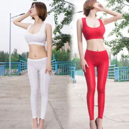 Leggings Women Ice Silk Smooth Transparent Pencil Pants Candy Colour See Through Elastic Skinny Leggings Glossy Low Waist Pants Fashion