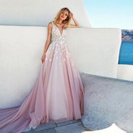 V-neckline Romantic Deep A-line Wedding Dresses with 3D Beaded Handmade Flowers Applique Blush Bridal Dress Open Back with Long Train YD