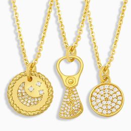 Pendant Necklaces FLOLA White Stone Moon And Star Necklace For Women CZ Pave Rhinestone Round Gold Plated Jewellery Gifts Nkeu61