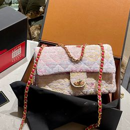 Womens Letter Tweed Classic Mini Flap Pink CF Quilted Bags Enamel Turn Lock Gold Metal Hardware Matelasse Chain Crossbody Handbags Rainbow Colorful Purse 20CM/25cm