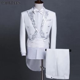 Suits White Tailcoat Men Jacquard Embroidered Suits Tail Coat 2 Piece Mens Suits (Jacket+Pants) Wedding Grooms Prom Singers Tuxedo Set