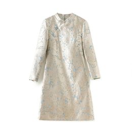 2024 Spring Blue Dress Long Sleeve Stand Collar Jacquard Floral Knee-Length Casual Dresses W4M051607