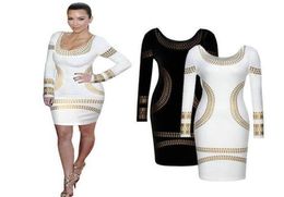 Whole2015 Celebrity Kim Egypt Gold Foil Print Long Sleeve Bodycon Dress wf51423531697