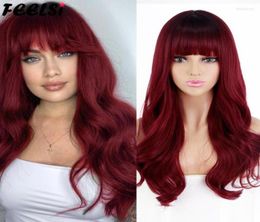 Synthetic Wigs FEELSI Long Wavy Hairstyle Ombre Wine Red Wig With Bangs For Women Cosplay Lolita High Temperature Fibre Kend227559309