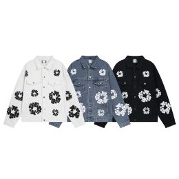 Mens Floral Pattern Jackets Denim Denims Coat Wash Blue Designer Button Letters Shirts Woman Tears