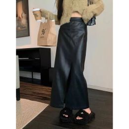Skirt Retro Black PU Leather Skirt Half length Women's Autumn/Winter Mid length High Waist Slim Split Hip Wrap Skirt vintage