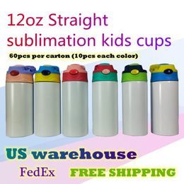 US Warehouse 12oz Kids Sublimation Sippy Cups Blank Straight Tumblers With Mixed Lids Stainnless Steel Drinking Bottle 60pcs carto248a