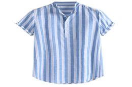 Mens Striped Cotton Linen Henry Colla Loose Short Sleeve Casual Buttons Shirt Blue Stripe style comfortable3917837