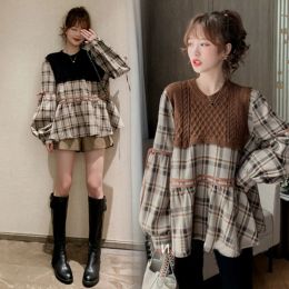 Sweaters 851# 2023 Autumn Fashion Sweaters Patchwork Plaid Maternity Blouses Oversize Loose Tops Clothes for Pregnant Women Pregnancy