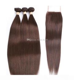 4 Medium Brown Colour Straight Virgin Hair Bundles With Lace Closure Chestnut Brown Peruvian Human Hair Weaves With 44 Top Lace C578502409