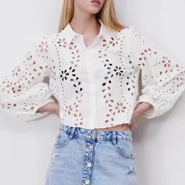Women's Blouses Cropped Shirt Women 2024 Fashion White Lace Blouse Eyelet Cut Embroidery Top Wear Loose Clothing