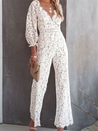 Capris Chronstyle Elegant Women Lace Wide Leg Pants Jumpsuits Solid Colour Long Sleeve High Waist V Neck Floral Rompers Streetwear 2023