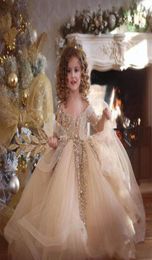 Luxury Champagne Flower Girls Dresses Long Sleeve Beads Crystals Pearl Lovely Kids Toddler Pageant Dress Brithday Party Gowns Lace2996084