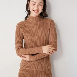 Dresses 2021 Autumn/winter New Pure Cashmere Sweater Slim Women Stretch Top Wild Halflength Skirt 100%wool Knit Pullover Twopiece Suit