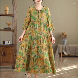 Casual Dresses #3825 Tie Dye Floral Printed Vintage Dress Three Quarter Sleeve Loose O-neck Split Joint A-line Women Thin Cotton Linen