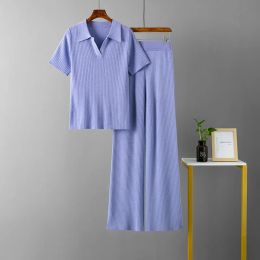 Capris Suits Women Knitted Polo Collar Pullover Short Sleeved Tops +slim Solid Colour Wide Leg Pants Suit Fashion Womens Two Peice Sets