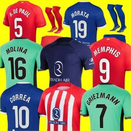 23 24 Soccer Jerseys MORATA MEMPHIS 2023 2024 Football Kit CORREA KOKE Atletico Madrids Camisetas De Futbol LEMAR CARRASCO Men Kids Football Shirt