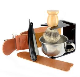 Straight Razor Gold Dollar Badger Shaving Brush Soap Bowl Barber Leather Sharpening Strop Strap Men Shave Beard Set9659894