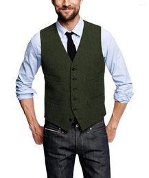 Men's Vests Herringbone Army Green Men Vest Wool Tweed Business Waistcoat Jacket Casual Slim Fit For Groosmen Man Wedding