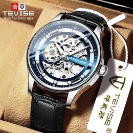 Skeleton Automatic Mechanical Men Watch Leather Strap Male Clock Top Wristwatch Wristwatches226q